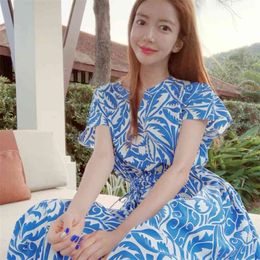 Summer wear han edition of the long temperament accept waist print dress fashion on holiday 210602