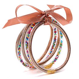 Glitter Jelly Bangles Multicolor Silicone Bracelets Set Ribbon Bowknot Powder Decor Fashion Friendship Circle Wristlets 5pcs Q0719