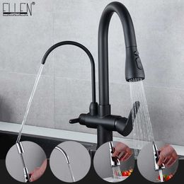 Deck Mounted Black Kitchen Faucets Pull Out Cold Water Filter Tap for Kitchen Three Ways Sink Mixer Kitchen Faucet ELK9139B 210719