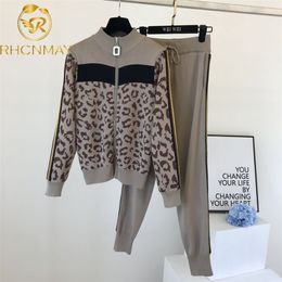 Tracksuit Women Leopard Knit Zip Cardigan Tops+Pants Suit 2PCS Sets Long Sleeve Jacket Coat Woman Casual Sweater Trousers Suits 211007