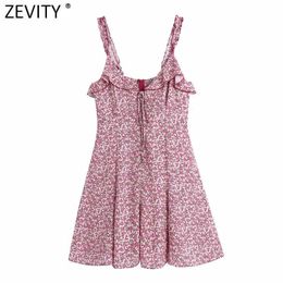 Zevity Women Sweet Red Floral Print Pleat Ruffles Sling Dress Female Back Zipper Casual Slim Vestidos Chic Summer Dresses DS8280 210603