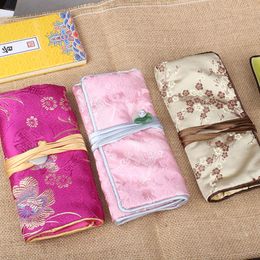 Portable Jade Travel Jewellery Cosmetic Roll Pouch Storage Bag Silk Brocade 3 Zipper Foldable Makeup Packaging Clutch Coin Purse