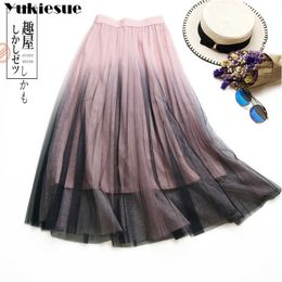 Long Tulle Skirt Women Spring Summer Gradient Korean Elegant High Waist A-line Pleated School Midi Female skirts 210608