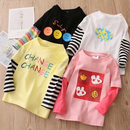 Spring Autumn 2 3 4 -10 Years Children Cotton Striped Colour Patchwork Cartoon Long Sleeve Basic T-Shirt For Baby Kids Girls 210529