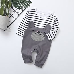 Boys Girls Romper Cotton Long Sleeve Striped stitching cartoon bear Jumpsuit Infant Clothing Autumn Newborn Baby Clothes 210309