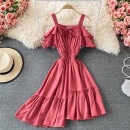 Women Spaghetti Strap Irregular Dress Summer Blue/Yellow/Red Ruffle High Waist Short Sleeve Casual Vestidos Ladies Beach 2021 Y0603