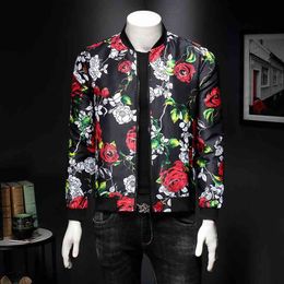 Mens Bomber Jacket Flower Print Casual Slim Men Jacket and Coats Streetwear Windbreaker Top Brand Clothing Plus Size M-5XL 210527