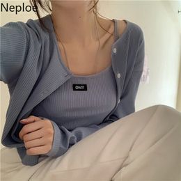 Neploe 2 Piece Set Women Single Breasted Long Sleeve Cardigans+Solid O Neck Sleeveless Camis Fashion Slim Summer Suits 1D629 210721