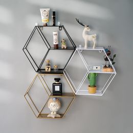 Wall Mounted Storage Holder Geometric Iron Wall Shelf Hexagonal Storage Rack for Living Room Home Office Hanging Organiser Decor 210310