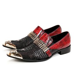 Luxury Italian Type Men's Leather Shoes Personality Golden Iron Head Men's shoes Slip on Black Red Party/Wedding Shoes!