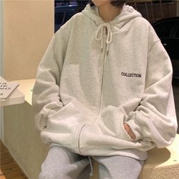 zip-up Harajuku Hoodies Women Loose Casual Sweatshirt New Korean Style Streetwear Oversized Hooded plus size Outerwear 201113