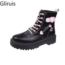 Boots Chunky Platform Lace-up Women Motorcycle Ankle Female Punk Shoes Thick Sole Black Women's