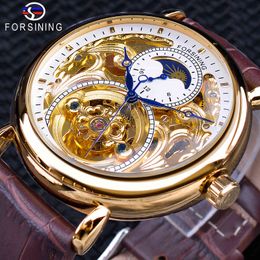 Forsining Luxury White Gold Display Brown Leather Moonphase Fashion Blue Hand Skeleton Waterproof Men Automatic Mechanical Watch Q0902