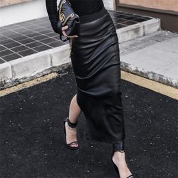 Lautaro Long black leather skirt women with slit High waisted woman skirts Elegant goth maxi skirt plus size clothing for women 210311