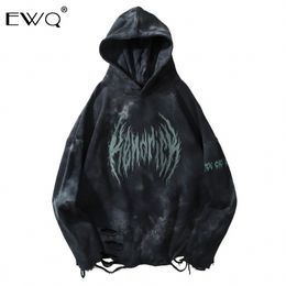 EWQ / Hip Hop Destroyed Ripped Hooded Sweatshirt Hoodies Streetwear Oversize Casual Tops Men Women Fashion Pullover Hoodie LJ200826