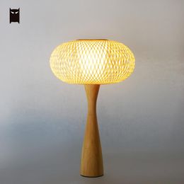 Table Lamps Bamboo Wicker Rattan Round Shade Lamp Fixture Art Deco Rustic Country Natural Desk Light Luminaria For Bedroom Living Room