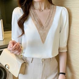 Fashion White Chiffon Blouses Hollow Out V-neck Half Sleeve Shirts Patchwork Bottoming Shirt Top OL Basic Woman Tops and 210604