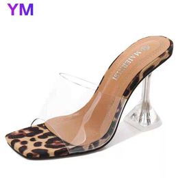 Leopard 2021 New Summer Fashion Sandals PVC Strange Style Transparency Heels Square Toe Femal Women Square Toe Slipper Shoes Y0721