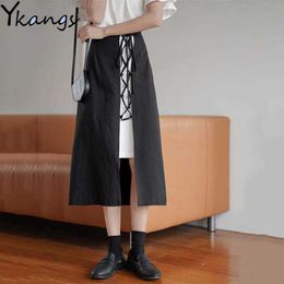 Fashion Lace Up Long Skirt Womens Summer High Waist Skirts Black White Patchwork Gothic Midi Streetwear Faldas Largas Mujer Etek 210619