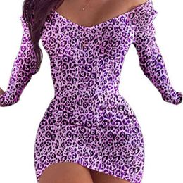 Leopard Print V-neck Long Sleeve Short Dress Ladies Brown Casual Bodycon Mini Sexy Club Wear Plus Size Womens Summer 210604
