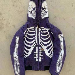 Masculino Streetwear High Street Skull Skeleton Print Hoodie Jaquetas Oversized Moletom Casual Moda Casacos Vintage Outono S-4XL