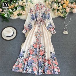 LY VAREY LIN Autumn Floral Print Dresses Women Turn Down Collar with Belt Single Breasted High Waist A Line Slim Dress 210526