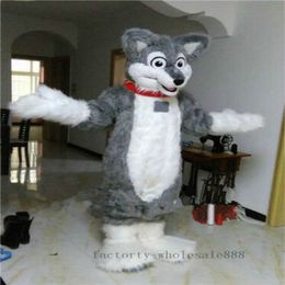 Mascot CostumesLong Fursuit Grey Husky Dog Wolf Fox Mascot Costume Dress Adult Halloween Fursuit Cartoon Outfit Carnival Xmas Easter Ad Clot