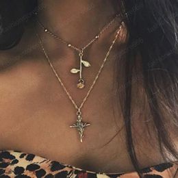 New Fashion Rose Cross Pendant Necklace Multilayer Women Chokers Necklace Gold Chain Jewellery Girlfriend Gift