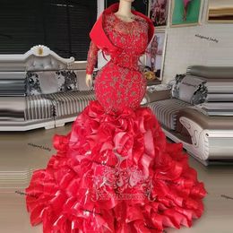 African Red Rhinestone Mermaid Wedding Dresses Lace Sparkle Crystal Lush Organza Ruffles Tiered nigerian Bridal Gowns Gonna