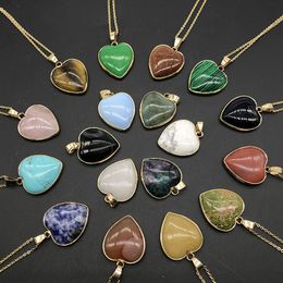 Gold Heart Shape Healing Reiki Stone Pendant Women Jade crystal semi-precious agate Necklace energy Jewellery