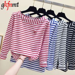 Cotton T-shirt Women New Autumn Long Sleeve O-Neck Female T Shirt White Striped Casual Basic Classic Lips Top Poleras Mujer 210310