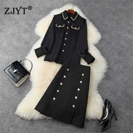 Spring Designers Tweed Patchwork Blouse and Aline Skirt Suit Women Office Lady 2 Piece Matching Sets Black Twinset 210601