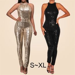 Elegant Women Sexy Sequin Bodysuit Ladies O-Neck Sleeveless Rompers Jumpsuit Playsuit monos largos mujer pantalon largo 210317