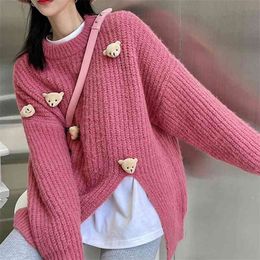 Women Ribbed Knit Long Sleeve Sweater Cute 3D Bear Doll O-Neck Pullover Tops Irregular Side Split Solid Color Loose Retro Jumper 210922