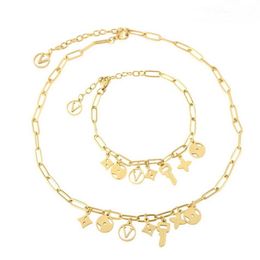 Europe America Style Jewellery Sets Lady Women Gold-colour Hardware Hollow Out Flower V Initials Key Tassels Roman Holidays Choker Necklace Bracelet M80272 M80273