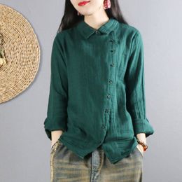 F&JE New spring Plus Size Women Shirts Loose Casual Long Sleeve Shirt slope Button design Solid cotton Female Vintage Blouses D1 210225