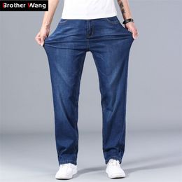 Classic Men's Thin Blue Jeans Advanced Stretch Loose Straight Denim Trousers Male Brand Pants Plus Size 40 42 44 211008