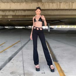 2021 New Personality Hollow Out Cross V Waist Slim Sexy High Waist Black Sweatpants Women Street Wear Side Stripe Pants Trousers Q0801