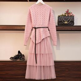 Women Ribbed Knit Sweaters+Mesh Skirts Sets Long Sleeve Irregular Jumpers and Pink Ruffles Mesh Skirt Suits for Woman With Belt T200608