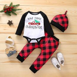 Infant Girl Boy Long Sleeve Romper Trousers Hat 3pcs Christmas Cartoon Plaid Letter Print Spring Baby Clothing G1023