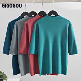 GIGOGOU Spring Autumn Women Sweater Solid Half Sleeve Knitted Pullovers Top Fall Chic Female Jumper Jersey Shirt Pull Femme 211018