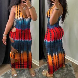Fashion Women Tie Dye Print Hollow-out Maxi Dress Party Wear Sleeveless Vacation Holiday Bohemian Thick Strap Long Dress 210716