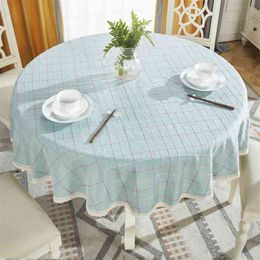 Round Table Cloth Cotton Linen Cover Plaid Grid Pattern Christmas cloth Lace Edge Wedding Party Decor cloths 210626