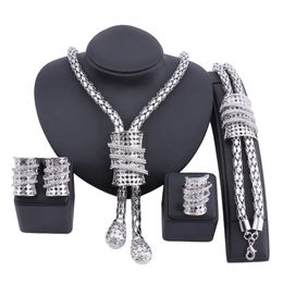 Dubai Silver Color Tassel Crystal Jewelry Set Bangle Earring Necklace Ring Wedding Bijoux Algeria Dubai Bridal Gifts