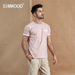 SIMWOOD 2021 summer new Layered chest pocket t-shirt men Melange vintage short sleeve fashion tshirt 100% cotton tops 190431 210317