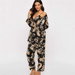 Sexy 3 Piece Sleepwear Satin Women Pyjamas Set Lounge Wear Print Robe Suit Intimate Lingerie Silky Kimono Bathrobe Gown Q0706