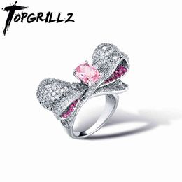 TOPGRILLZ 2021 Pink/ Yellow Bow-knot Rings Iced Micro Pave Cubic Zirconia Ring Fashion Girls Jewellery Accessories For Gift