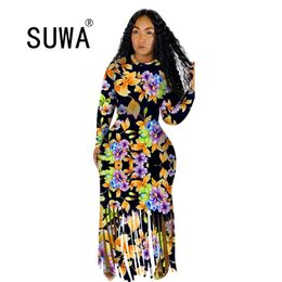 Autumn Sexy Club Night Party Women Floral Print Long Sleeve Tassel Bodycon Maxi Dress Vestidos Streewear Elegant Dresses 210525