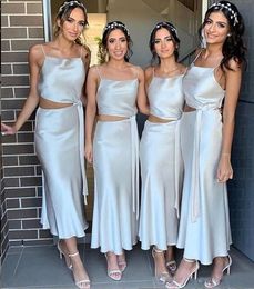 Two Piece Bridesmaid Dresses Ankle Length Spaghetti Straps Elastic Satin Custom Made Beach Wedding Maid Of Honour Gown Vestidos 403