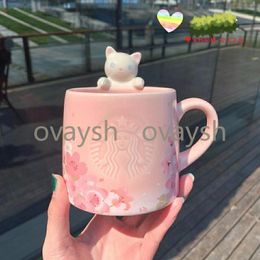 350ML Sakura Starbucks Cup Luxury Kiss Cups with Spoon Ceramic Mugs Married Couples Anniversary Mermaid Bronze Medallion Gift Products